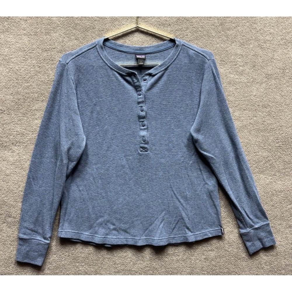 Patagonia Henley Thermal Pullover Waffle Knit Women Large Blue Long Sleeve Top